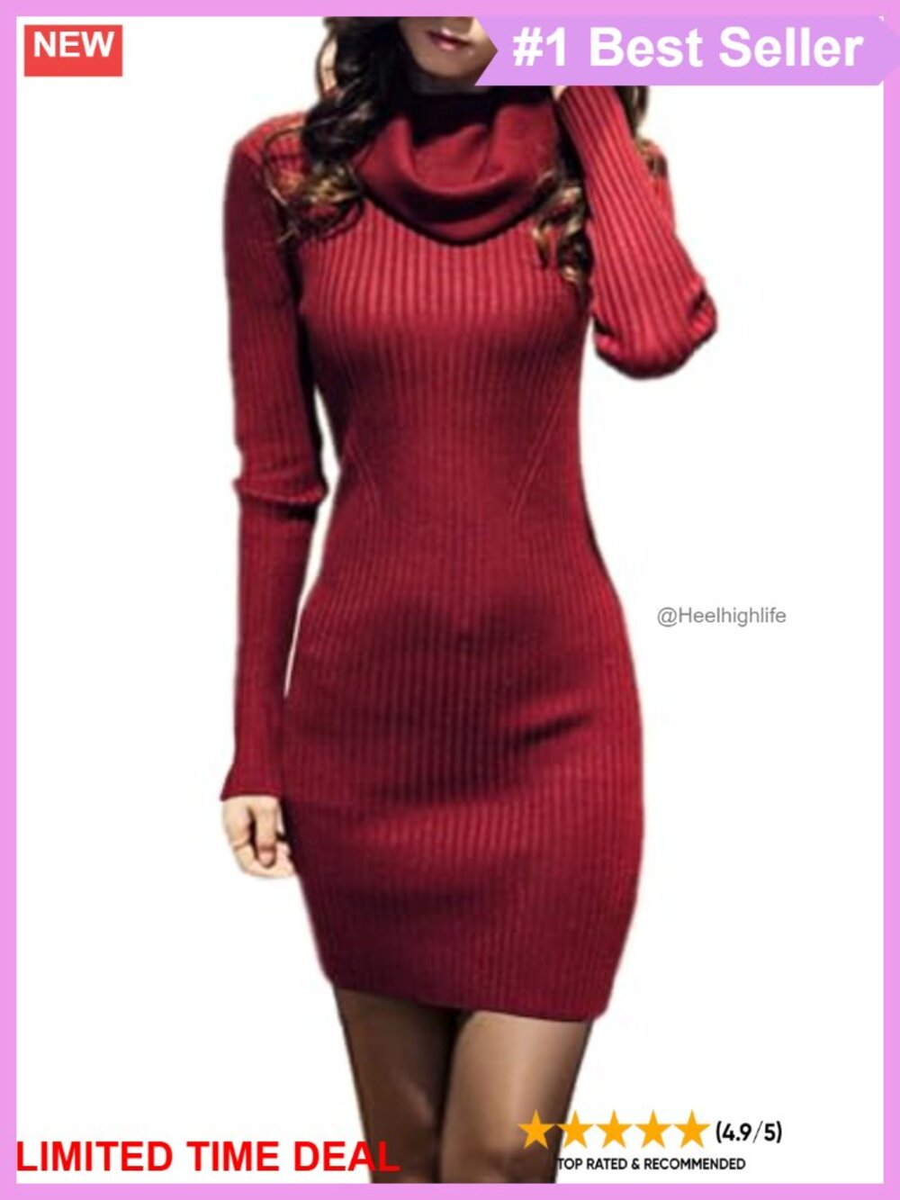 Ribbed Knit Sweater Dress Cowl Neck Bodycon Midi Fitted